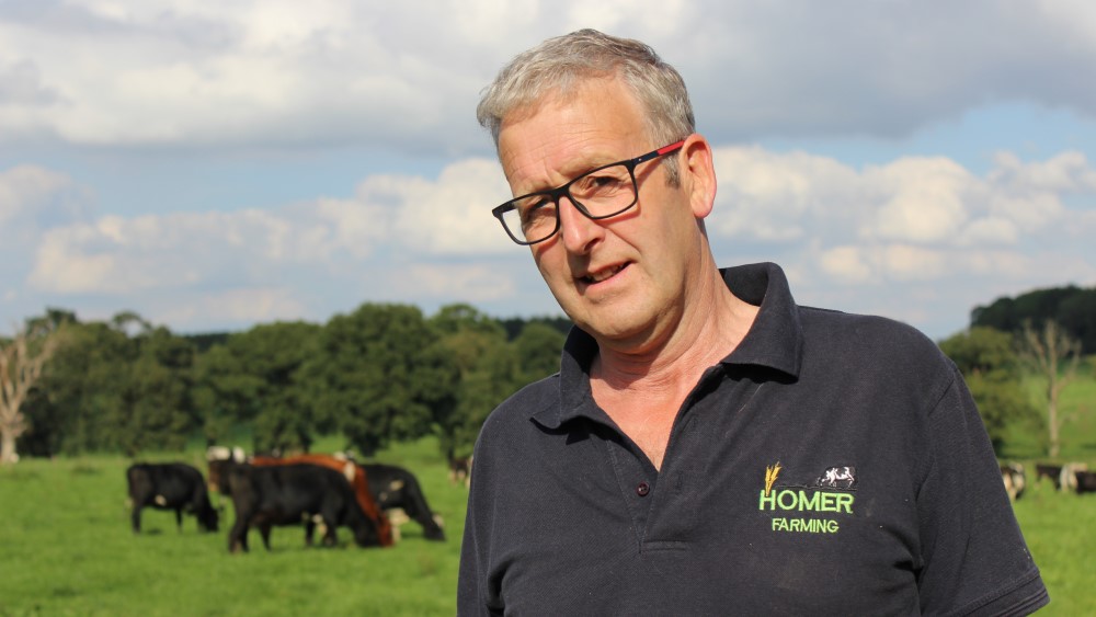 David Homer standing in a field of cows
